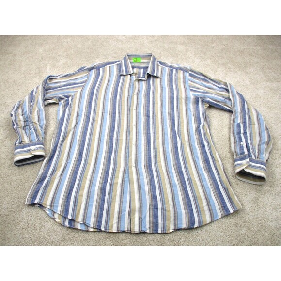 Luciano Barbera Shirt Mens 2XL XXL White Blue Linen Cotton Blend Button Up Italy - Picture 1 of 10